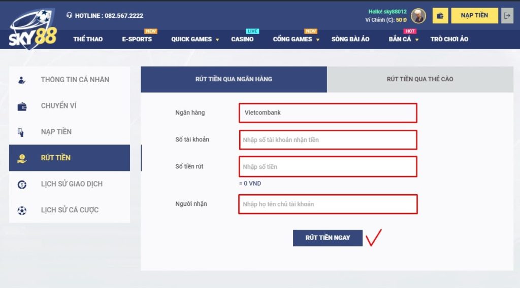 Rút tiền Sky88 nhanh chóng